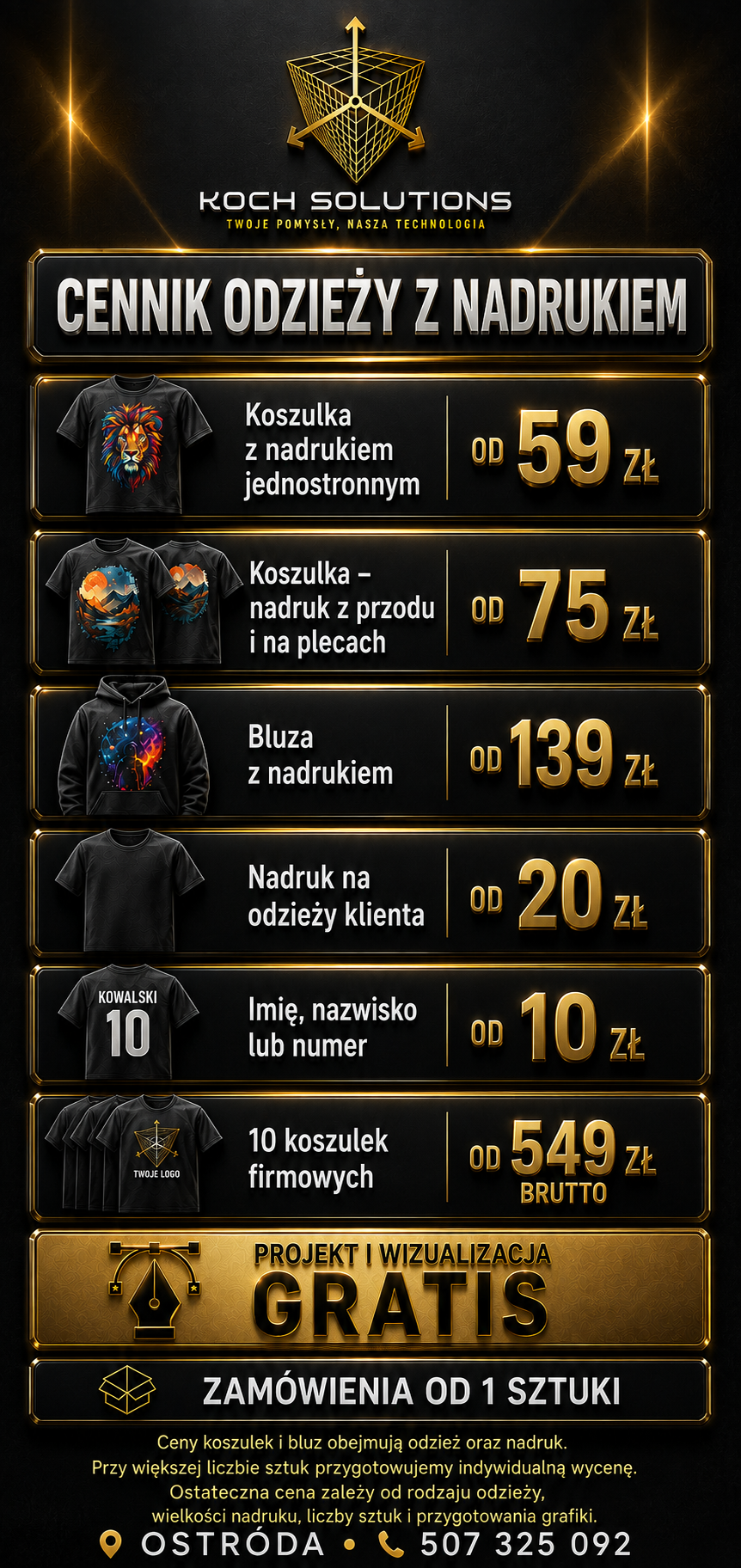 Cennik nadruków na koszulkach i bluzach Koch Solutions